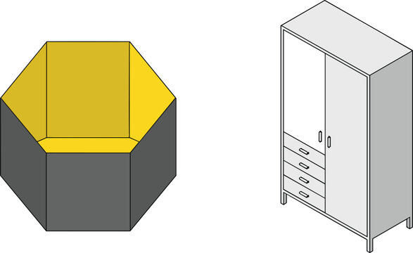 Isometric yellow hexagonal accent armchair next to grey wooden wardrobe closet vector illustration isolated on white background