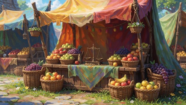 Digital illustration fruit stand garden set colorful tent red yellow striped awning there several baskets diff