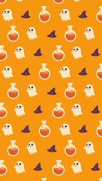 Halloween vertical seamless pattern background with ghosts potion bottles and witch hats rising motion loop