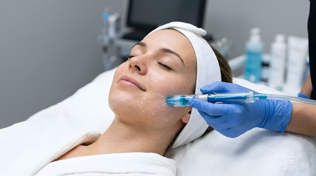A detailed close up view of a woman enjoying a professional microcurrent facial treatment at a modern beauty spa for improved skin