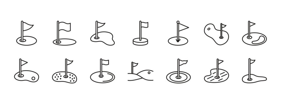 Golf Flag Icon Set in Outline Style.