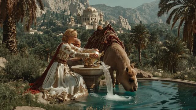 Old Testament Scene Of Rebekah Showing Kindness By Giving Water To Abraham's Servant And His Camels
