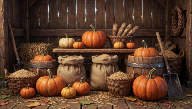 Painting wooden shed variety pumpkins other autumn-themed items scattered floor there several large different