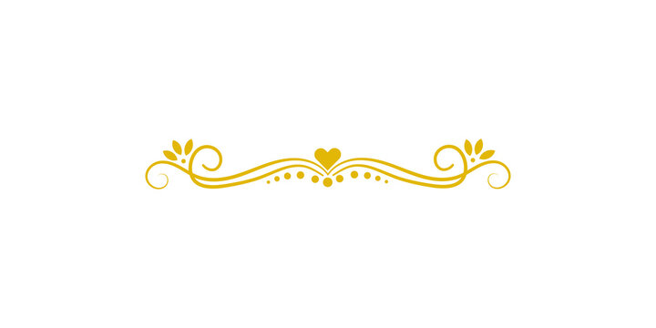 Gold ornamental divider with scrolls, heart, and dots isolated on transparent background