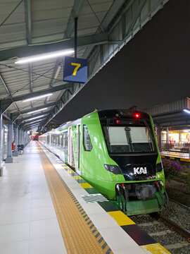 Bandung, Indonesia. September 23, 2026. Feeder train connecting Padalarang Station and Bandung Station waiting at the platform at night. 