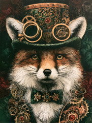 Obraz premium Intricate steampunk fox portrait featuring detailed brass goggles vintage top hat mechanical gears ornate cogs embroidered green jacket and bow tie artwork in rich detailed retro fantasy style
