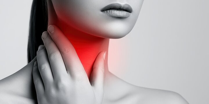 Woman touches neck to thyroid gland disease symptoms. Glowing red sign on throat. Endocrine inflammation hypothyroidism goiter node or larynx pain. Lymph node screening, hormones. Awareness campaign