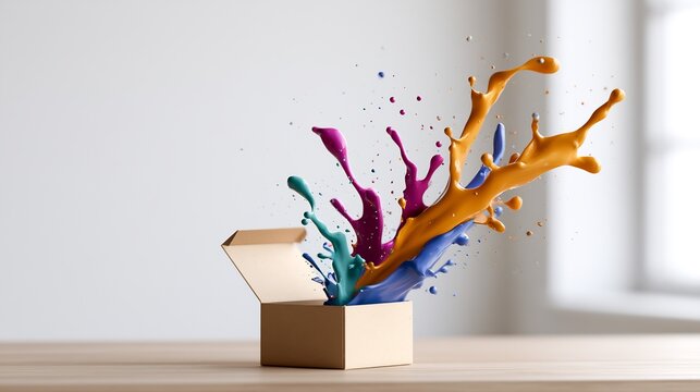 Colorful paint splash exploding from an open cardboard box on a wooden table - thinking outside the box creativity concept