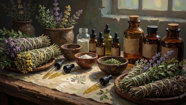 Painting table various bottles herbs covered white cloth there window background left side several potted plan