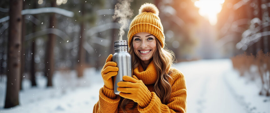 Woman holding reusable thermos snow wool hat sustainable winter lifestyle blog website design