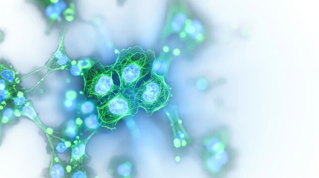 Microscopic view of biological cells with glowing blue nucleus and green cytoskeletal structures for medical research study