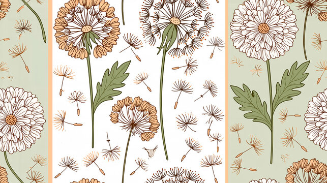 Seamless pattern of beautiful hand-drawn dandelions