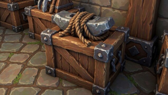Group wooden crates stacked top each other stone floor made wood have metal latches sides there large rock rop