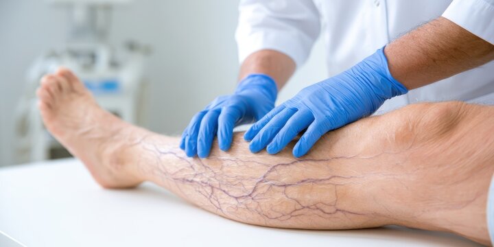 Phlebologist examines a patient with varicose veins on his leg. Leg pain. Phlebology. Venous pathologies of the lower extremities. Human vessel, arteries. Capillaries. Blood system. Health legs