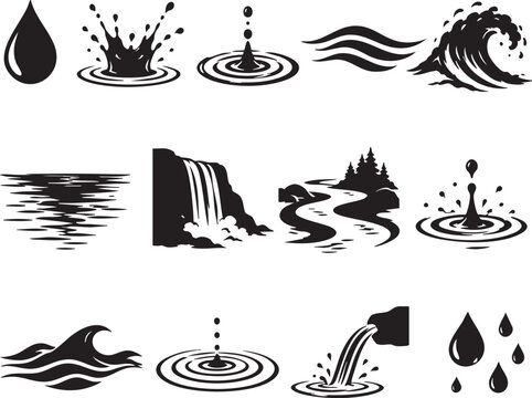 Detailed vector graphic collection of twelve distinct water elements, showcasing aquatic icons, plumbing symbols, and sea wave shapes in flat monochrome style