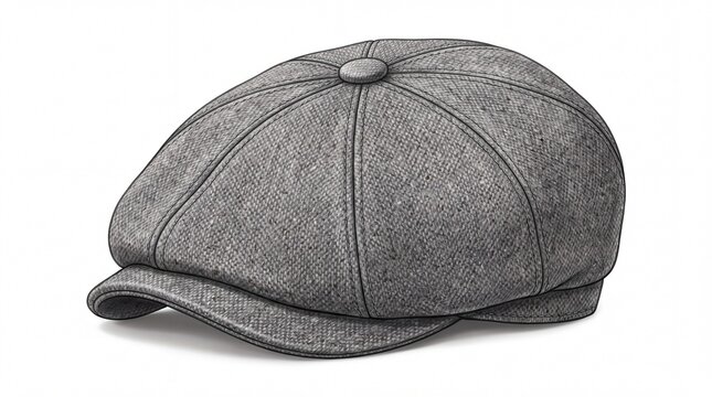 Classic grey tweed flat cap displaying detailed stitching and fabric texture illustrated on white background