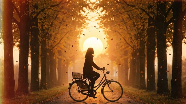 Silhouette of a woman riding a vintage bicycle through a tree-lined path with falling leaves at sunset.