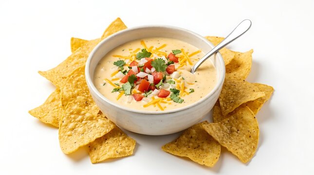 Bowl of melted cheese dip with fresh salsa and crispy tortilla chips on white background