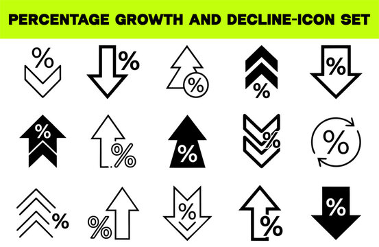 Percentage Growth and Decline Icon Set &ndash; Percent Arrow Up and Down, Flat and Line Style Symbols Collection, Business and Finance Stock Vector