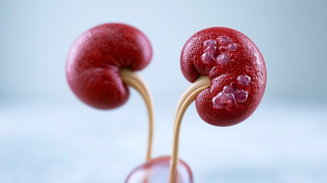 Human kidney model showing polycystic disease and stones on clinical background for medical education