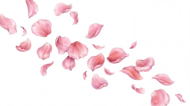 Delicate pink rose flower petals falling gracefully through the air depicted as art on white background