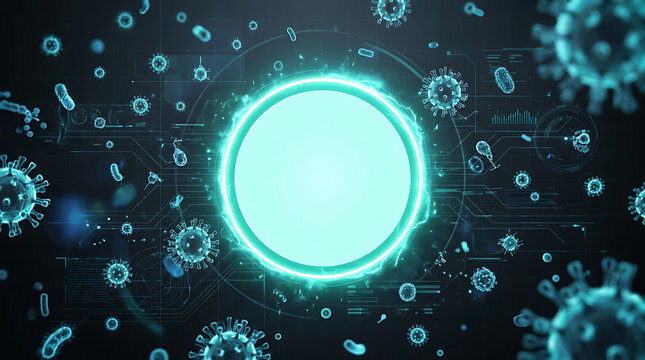 Futuristic digital virus visualization with glowing neon effects and abstract biological elements illustrating infectious agents