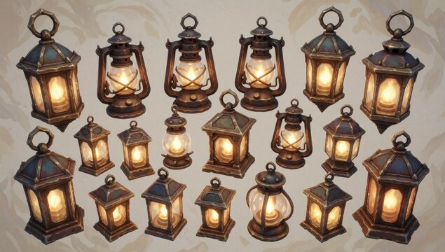 Collection different types lanterns made metal have dark brown finish arranged grid-like pattern each lantern