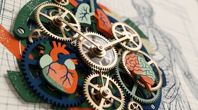 Clock mechanism gears with human organ illustrations mechanism movement