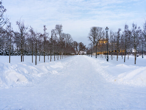 View of Traku Voke manor park covered in deep snow with a cleared path lined by bare trees under a bright winter sky in Vilnius, Vilniaus apskritis, Lithuania.
