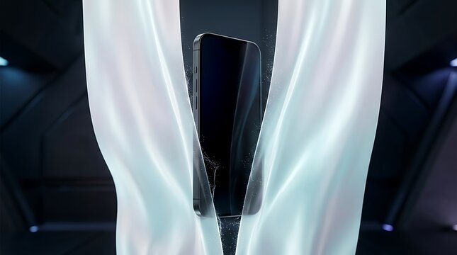 Modern smartphone emerging through flowing white fabric against dark background