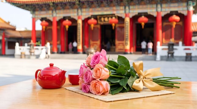 Pink Roses Bouquet with Red Teapot on Wooden Table at Traditional Chinese Temple Courtyard