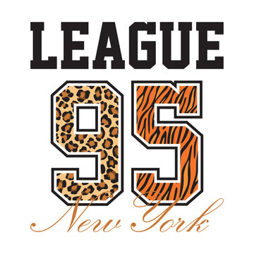 Y2K streetwear typography featuring League 95 with leopard and tiger animal prints, and New York script. Varsity style graphic design perfectly suited for women's apparel, t-shirt print, and posters.