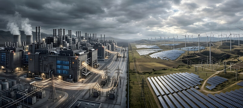 Large futuristic data center consuming substantial electrical power, with server infrastructure connected to an intensive energy grid, visualizing data center energy consumption, rising computing dema