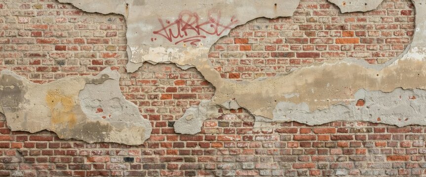 Weathered red brick wall with peeling plaster and red graffiti