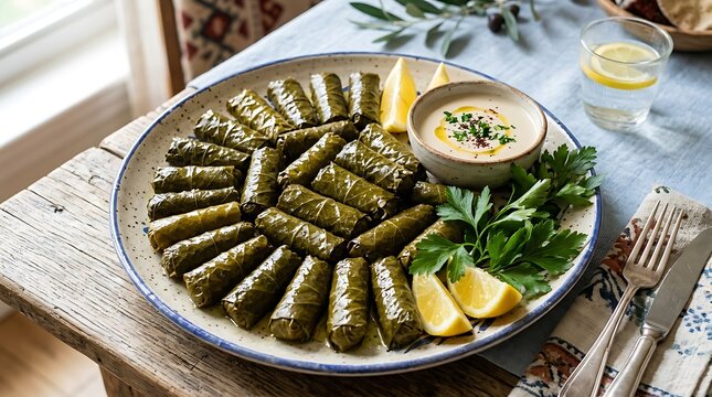 Delicious stuffed grape leaves dolma served with lemon wedges and yogurt sauce on a plate. Hebrew cuisine recipes