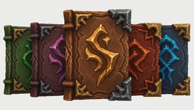 Set square-shaped books different colors designs arranged row first book left green second purple third brown