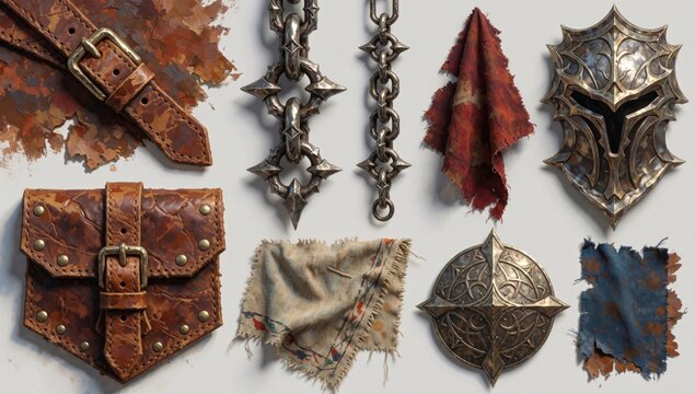 Collection various items appear made leather metal there total arranged grid-like pattern white background lef
