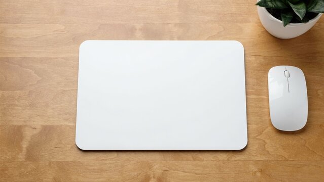 Blank white mouse pad and computer mouse on a wooden desk view