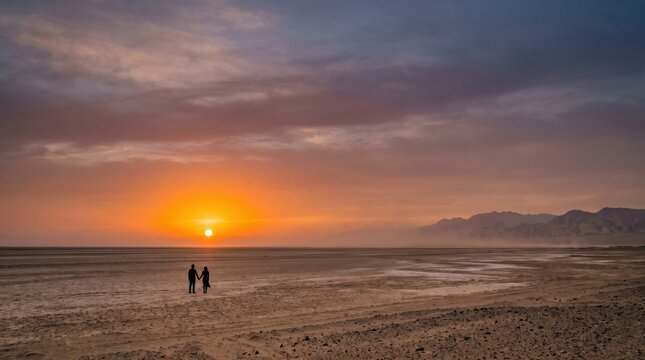 Photorealistic fine art photography scene of miniature couple silhouette standing on enormous barren desert plain near Lop Nur during a cinematic bright orange horizon sunset

