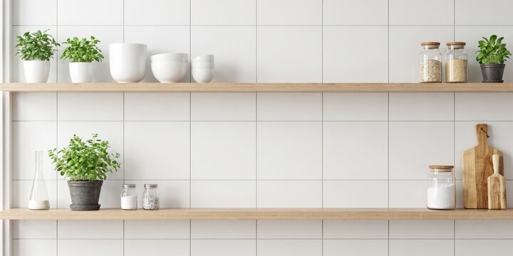 Wooden shelves with potted plants, white bowls, and kitchen jars on tiled wall