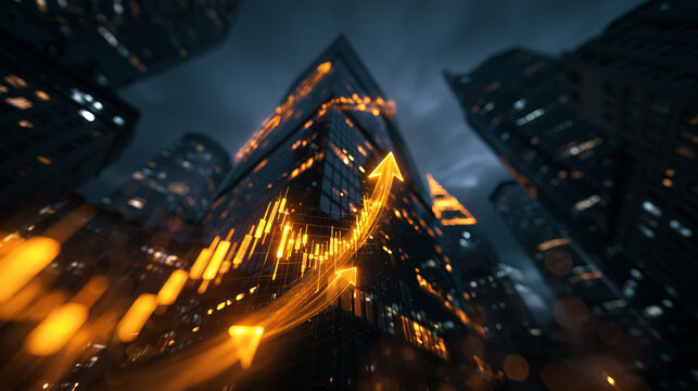 Stock Market Growth with Upward Arrow on City Skyscrapers