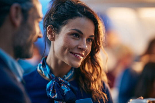 Flight Attendant in Uniform Smiling during Commercial Flight