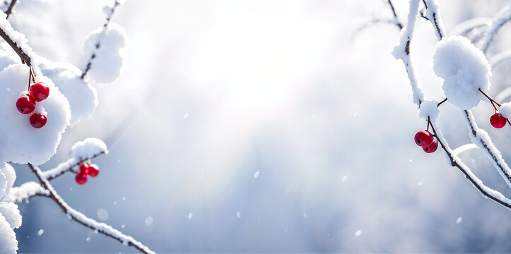 Snowy branches with red winter berries under bright sunlight in cold freezing nature scene.