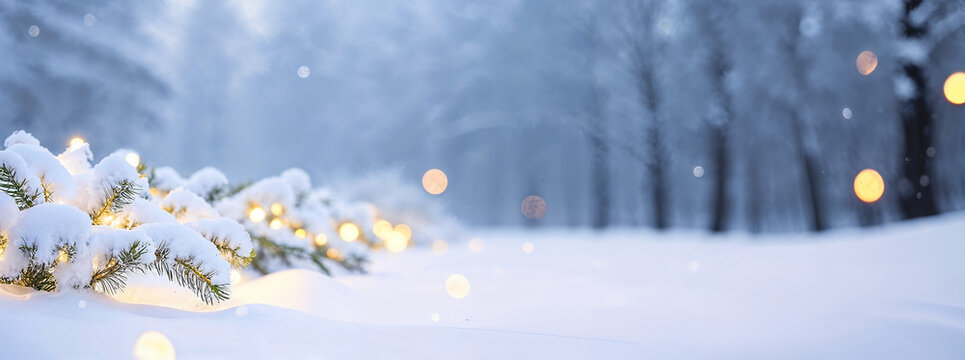 Fir branches in deep snow illuminated by warm glowing Christmas lights in quiet winter nature forest.