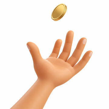 Coin Toss: A close-up shot captures an open hand reaching upwards, anticipating the fall of a single gold coin suspended in mid-air, symbolizing chance and fortune.