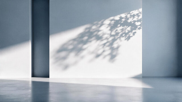 Minimalist white interior background with realistic tree branch shadow projected on concrete wall.
