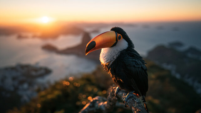 Toucan Perched on Branch Overlooking Rio de Janeiro Sunset