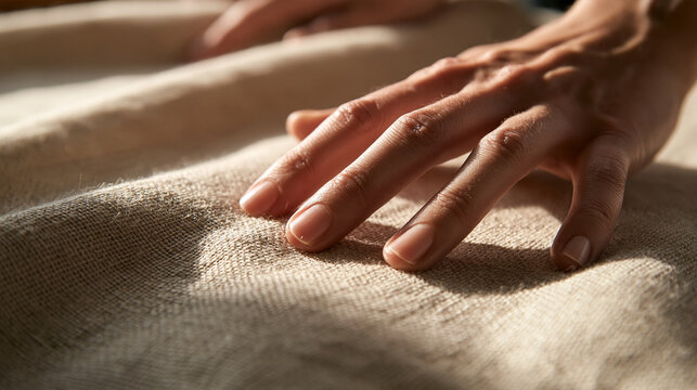 Hand Touching Natural Linen Fabric Texture in Sunlight