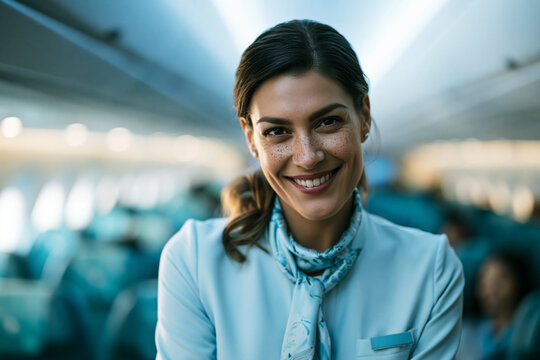 Smiling Flight Attendant Standing in Airplane Cabin