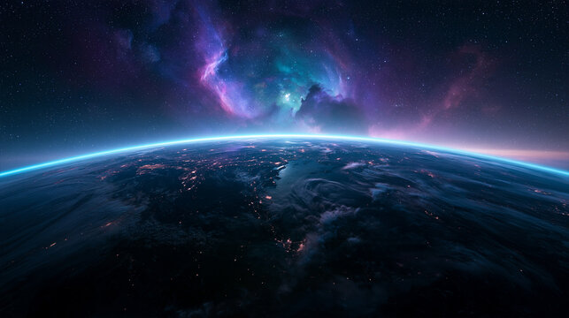 Planet Earth from Orbit with Glowing Atmosphere and Nebula